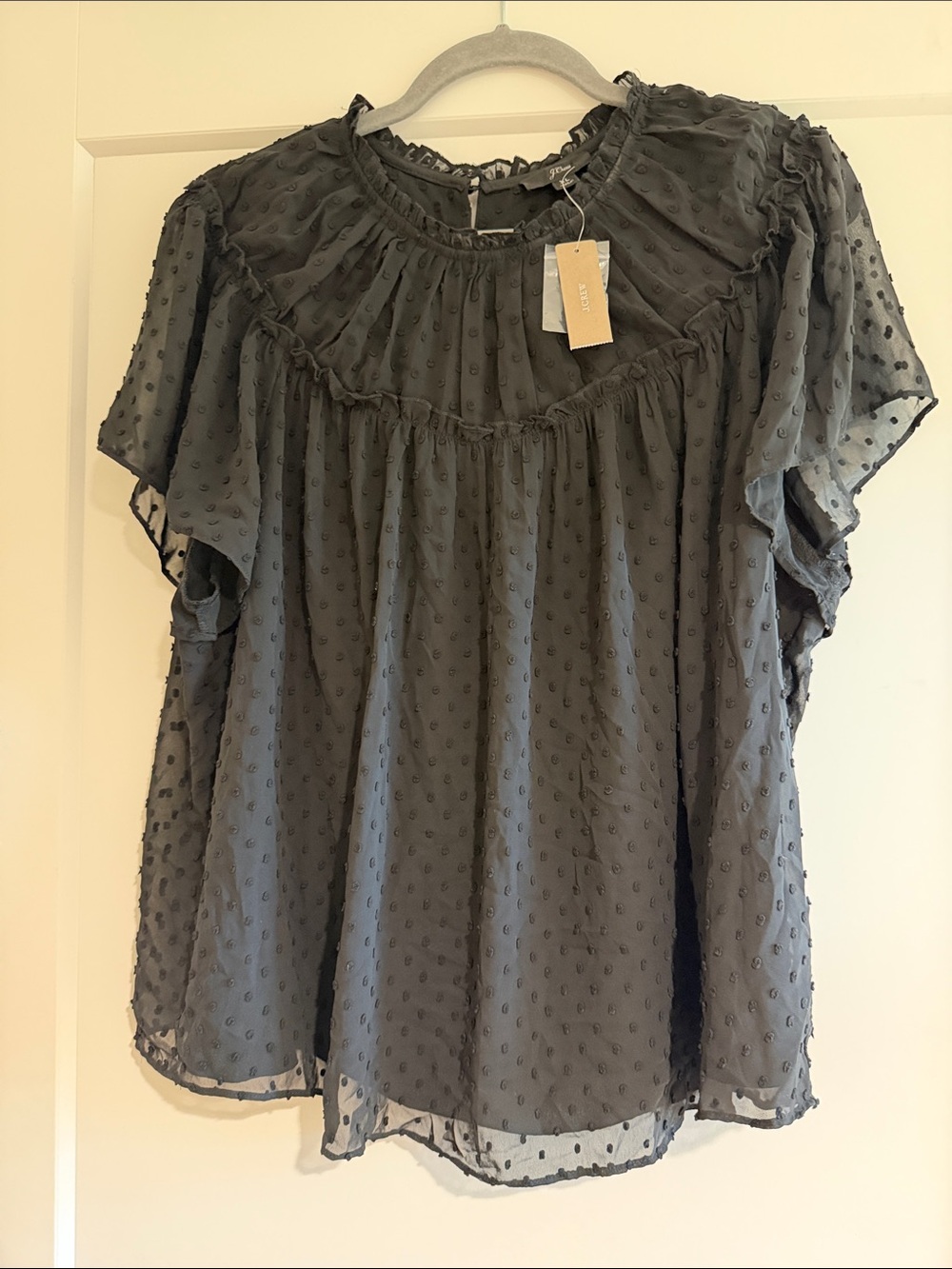 J. Crew NWT Swiss Dot Ruffle Short Sleeve Top - Black